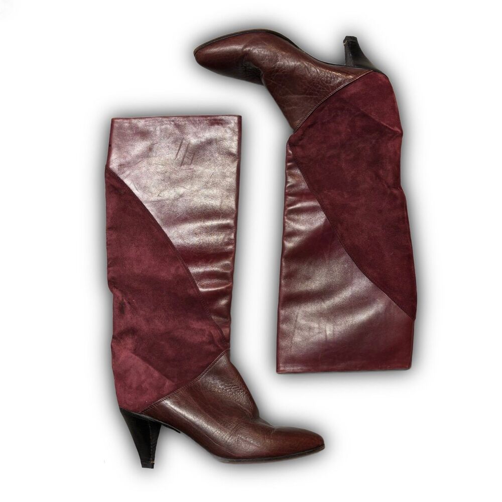 Vintage Italian Burgundy Leather & Suede Knee-High Boots Size 41